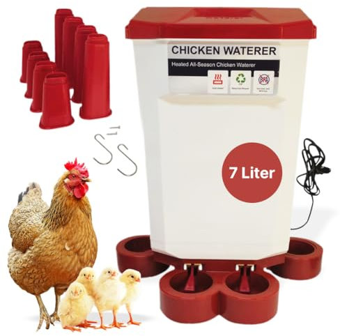 Breker Beheizbare Hühnertränke 7 Liter [Frostsicher] - mit 6cm hohen Steckfüßen - Integrierte Lammellenheizung - Frostschutz - Für Hühner, Gänse, Enten - Ganzjährig einsatzbereit