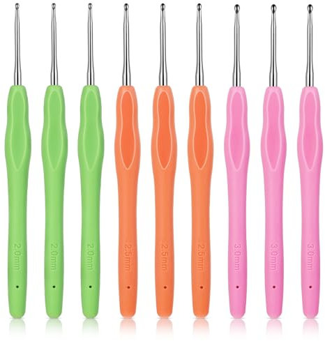 9 Stück Häkelnadeln Set, 2,0 mm 2,5 mm 3 mm Häkelnadel, Farbe Extra lang Häkelnadel Ergonomische mit Weicher Silikonkautschukgriff Stricknadeln für Anfänger und Häkelliebhaber
