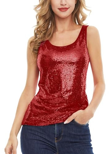Glitzer Oberteile Damen Ärmellos Top Festliche Pailletten Oberteile Mode Einfarbig Tanktops Party Bluse Tunika Rot S