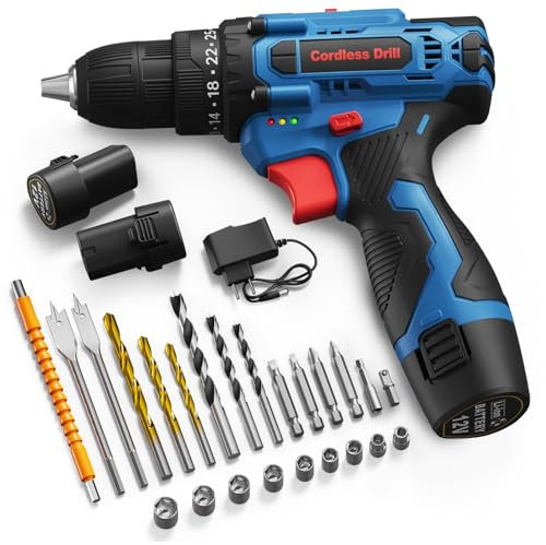 VirtuDrill Avvitatore a batteria, 12 V, set di avvitatore a batteria, con batteria da 2000 mAh, coppia massima di 42 Nm, mandrino da 10 mm, 2 marce, 25 + 1 regolazione della coppia, 27 accessori