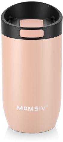 MOMSIV Travel Mug, 350ml Stainless Steel Insulated Coffee Cup with Push Button Lid, Vacuum Reusable Leakproof Double Wall Travel Office Mug for Hot and Cold Drinks, Pink