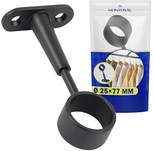 Kleiderstangenhalter Ø 25 mm x 77 mm - Stangenhalterung in Mattem Schwarz Geeignet für Begehbarer Kleiderschrank System - Garantie 10 Jahre - MONTERAL