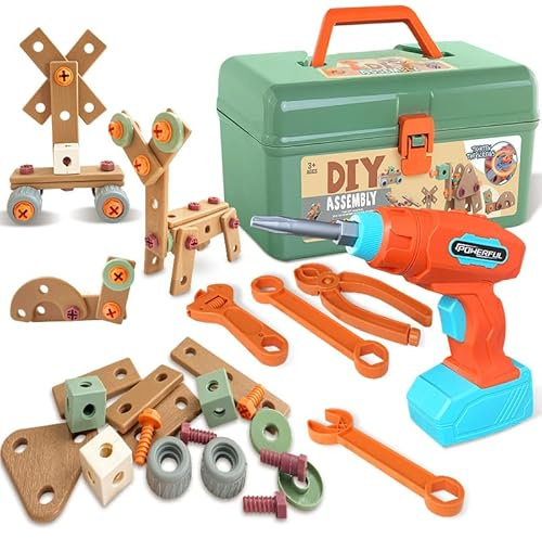 LEZKIDOL 154 Pezzi Cassetta Attrezzi Bambini， Costruzioni Giochi Con Cacciavite, Giocattolo Con Trapano Elettrico, Regalo Bambino 3 4 5 Anni