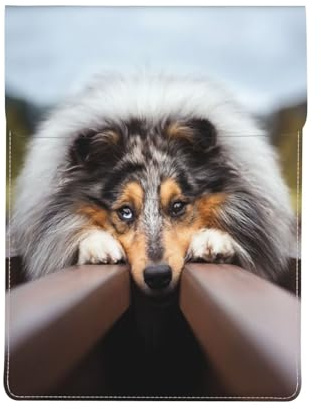 Rough Collie Bokeh Eisenbahn Hunde Haustiere Rau, Laptophülle aus PU-Leder, Notebooktasche, Laptoptasche, Tablet-Aktentasche