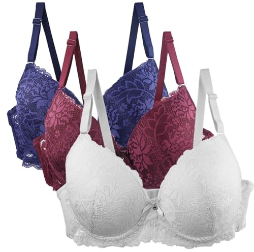 XCXC 3er Pack BH Damen mit Bügel Push Up Bügel-BH Spitze Bralette | Push-Up Effekt mit Formbügeln, Florale Spitze, Gepolsterte Cups für Dekolleté, Komfortabler Verschluss