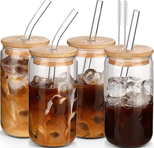 Matcha Gläser Eiskaffee Gläser Set - 4×500ml Glas mit Deckel und Strohhalm | Trinkglas mit Deckel, Glas mit Bambusdeckel - inkl. Reinigungsbürste - Gläser & Trinkgeschirr - kaffeegläser