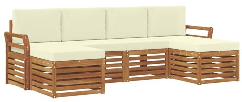 vidaXL Sofagarnituren 6 pcs Natur und Creme Massivholz Akazie, Outdoor-Sofa, modernes Gartenmöbel, langlebiges Ecksofa, Terrasse Lounge, Sitzgruppe für die Veranda