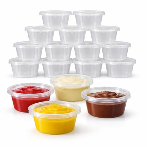 1ABOVE 100 x 2oz Plastic Sauce Containers with Lids – Small Round Takeaway Pots for Dips, Sauces & Salad Dressings – Ideal for Catering & Food Delivery (2, ounces)