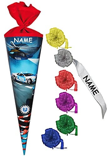 alles-meine.de GmbH Schultüte - Polizei & Helikopter - 35 cm - rund - incl. Name und individueller Schleife - mit Filzabschluß - Zuckertüte - mit/ohne Kunststoff Spitze - f..