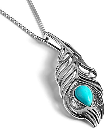 HENRYKA Pfauenfeder Halskette in 925 Sterling Silber Frauen Bohemian Schmuck Statement Halskette Natur Liebhaber Geschenk, Türkis, Türkis