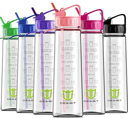 Degbit Water Bottle, [900ml] BPA Free Motivational Straw Sports Water Bottle with Time Markings Helps You Hydrate, Non-Leak, Durable Tritan Cycle Drinks Water Bottles For Adult & Kids (Pink)