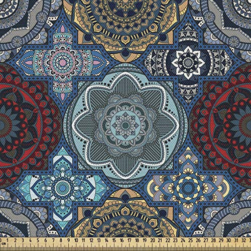 ABAKUHAUS marokkanisch Gewebe als Meterware, Retro Ethnic Ottoman, Schön Gewebten Stoff für Polster und Wohnaccessoires, 1M (148x100cm), Sand Braun Blau und Ruby