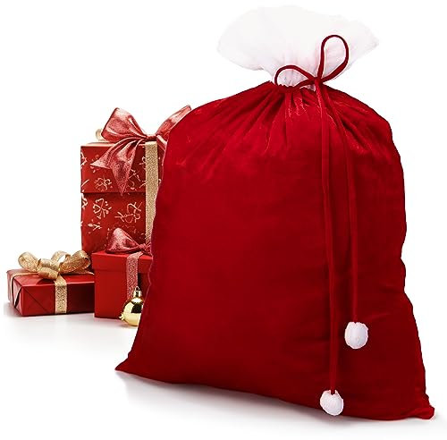 com-four® Edler XXL Weihnachtssack aus Samt mit Langer Kordel & weißen Bommeln - Geschenksack für Weihnachtsmannkostüm & Dekoration - Nikolausbeutel zum Befüllen (1 Stück - rote Kordel)