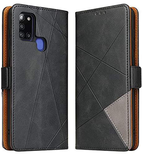 BININIBI Handyhülle Kompatibel Mit Samsung Galaxy A21s Hülle, Premium PU Leder Schutzhülle Abdeckung, Magnetverschluss, Kartenfach, Tasche Flip Case Brieftasche Klapphülle, Schwarz