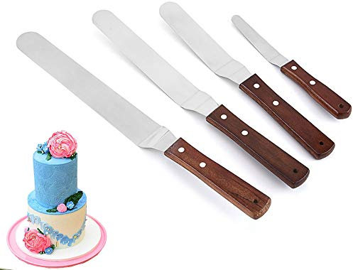 Lot de 4 spatules coudées en acier inoxydable avec manche en bois de qualité supérieure