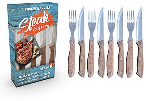 Smokin' Barrels Lot de 8 couverts à steak avec manche en bois dur exotique