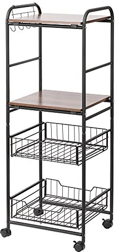 HOMCOM Carrito de Cocina Carrito Auxiliar con Ruedas con 2 Estantes 2 Cestas Extraíbles y 4 Ganchos para Comedor Baño 40x38x111 cm Nogal y Negro