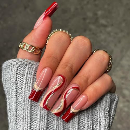 Brishow Coffin False Nails French Long Fake Nails Glitter Lines Press on Nails Ballerina Acrylic Stick on Nails 24pcs for Women and Girls (red)
