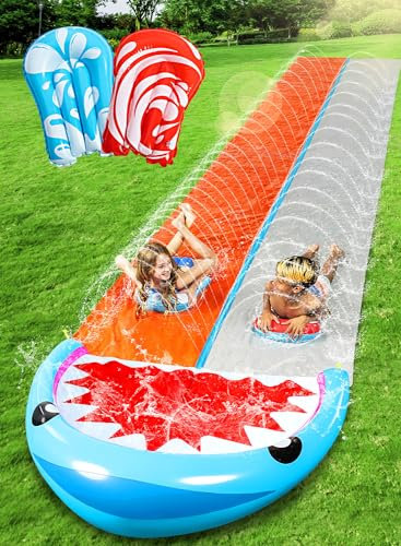 Sloosh 22.5ft/685.8cm Water Slides with 2 Inflatable Boards, Double Lane Lawn Water Splash Slip and Slide with Advanced Sprinklers Summer Toy for Kids Adults Fun Backyard Summer Outdoor, Shark