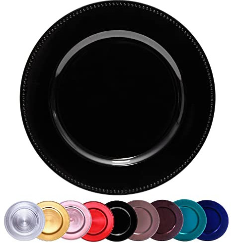 DaCakeWS Metallic Bead Charger Plates 13inch, Set 10PCS Black Plastic Round charger plates bulk wedding, Dinner,Wedding,Party,Event,Decoration (Beaded Black10)