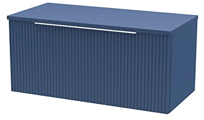 Hudson Reed DFF396W Fluted Modern Bathroom Wall Hung 1 Drawer Vanity Unit with Colour Match Worktop, 800mm, Satin Blue