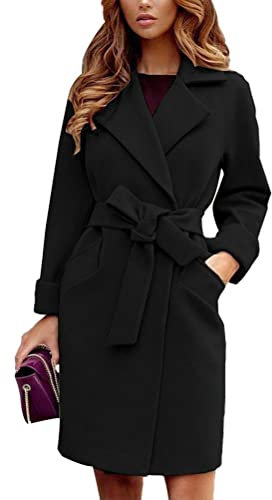 shownicer Damen Mantel Elegant Lang Wollmantel Mode Langarm Umlegekragen Einfarbig Trenchcoat Warme Outwear Herbst Winter Jacke mit Gürtel A Schwarz S