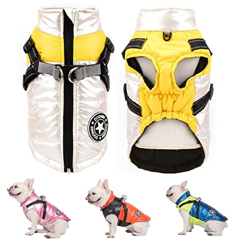 SMALLLEE_LUCKY_STORE Pet wasserdichte Winterjacke mit Geschirr D-Ring für kleine mittelgroße Hunde und Katzen,Welpenmantel Chihuahua Yorkie französische Bulldogge warme Kleidung,silberfarben,M