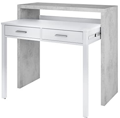 Console Bureau Extensible NERIDA, Blanc/Ciment, 98,5 x 36 x 87,5 cm, Console Bureau Extensible