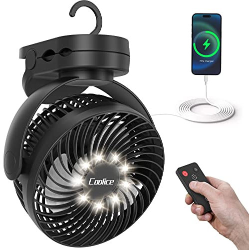 Camping Fan with Remote Control - 65Hrs 12000mAh Rechargeable Fan, 3 Speeds & Timing Battery Powered Fan, Tent Fan with Light & Hook, Camp Fan for Tent, Battery Operated Fan for Camping, Black