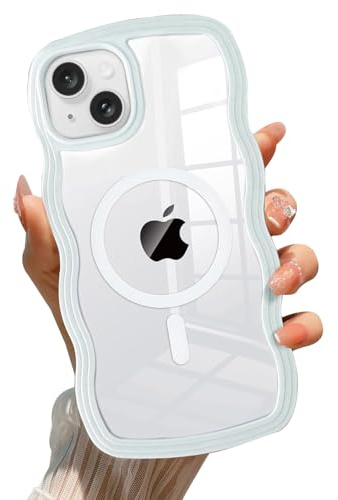 QLTYPRI Magnetisch Hülle für iPhone 13/14 Handyhülle [Kompatibel mit MagSafe], Aesthetic Klar Wellen Rahmenform Silikon TPU Case für Mädchen Frauen Stoßfeste Schutzhülle - Hellblau