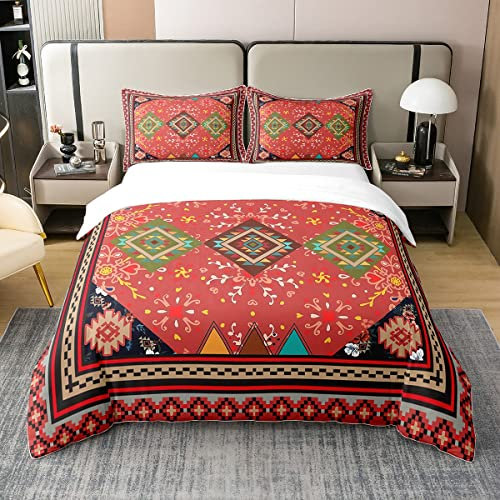 100% Baumwolle Southwestern Native Azteken 100% Baumwolle Bettbezug,Bohemia Bettwäsche Set 155x220,Rot Grün Schwarz Tribal Floral Tröster Bezug,Boho Exotic Mandala Bett mit1 Kissenbezug Atmungsaktiv