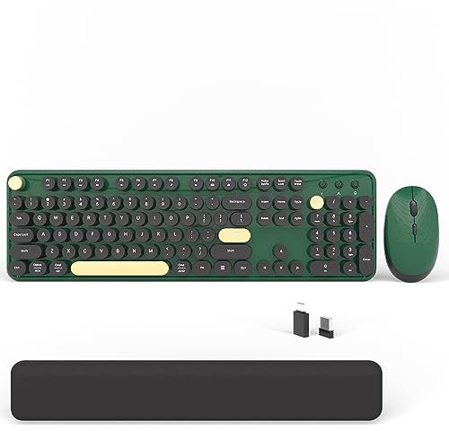 Colorful Wireless Computer Keyboards Mouse Combos, Cute Retro Typewriter Keyboard with Round Keycaps, 2.4 GHz 104 Keys Full-Sized USB/Type C Receiver Keyboard and Optical Mouse(Dark Green)