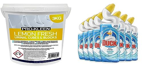 Pro-Kleen Urinal Channel Blocks 3KG - Lemon Fragrance - Non PDCB - Slow Dissolving - 30 Day Control & Duck Liquid Toilet Cleaner, Deep Action Gel, Marine, 750 ml, Pack of 8