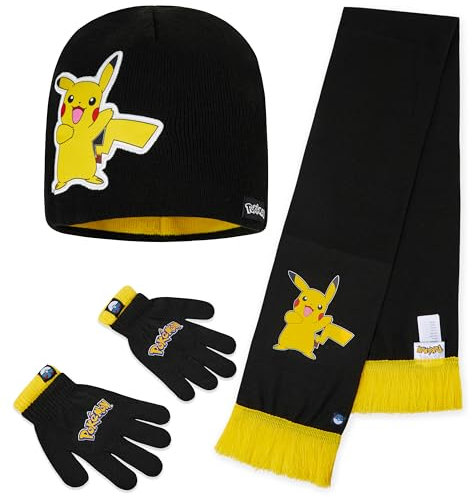 Pokemon Wintermütze & Handschuhe oder Winter Mütze, Schal & Handschuhe Set Kinder (7-12 Jahre, Schwarz/Gelb 3 Stück)