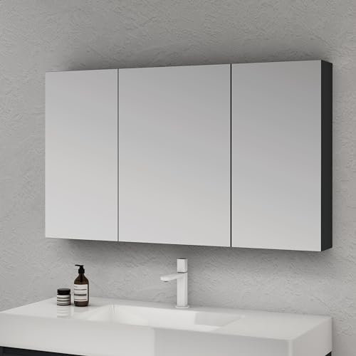 doporro Armoire Murale Salle de Bains avec Miroir Placard de Rangement Étagères Réglable Anthracite Mat en Bois Armoire de Toilette 3 Portes 120x15x70 cm Spiegelschrank 02