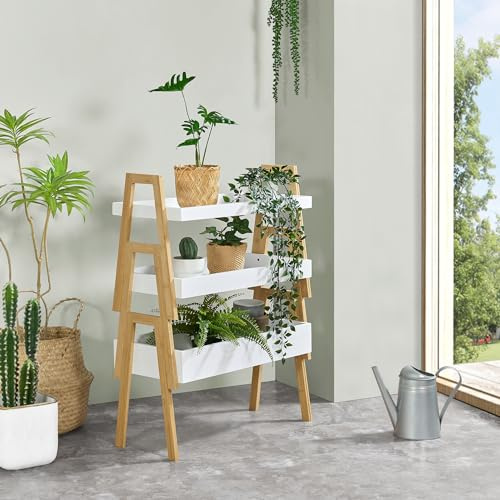 [en.casa] Pflanzenregal Hitra Stapelregal aus Bambus 3-TLG. Blumenregal Standregal mit 3 Ablagen Weiß Pflanztisch 85 x 65 x 30 cm Bambusregal stehend