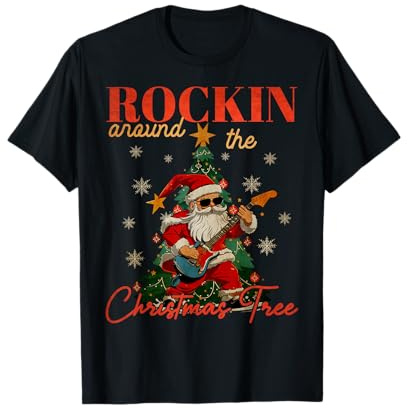 Rocking Around The Christmas Tree Santa Rock and Roll Guitar T-Shirt