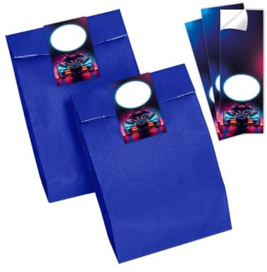 Minkocards 6 Geschenktüten (blau) + 6 Aufkleber Rennwagen Auto Geschenktüten für Mitgebsel Gastgeschenk einpacken beim Kindergeburtstag Jungensgeburtstag