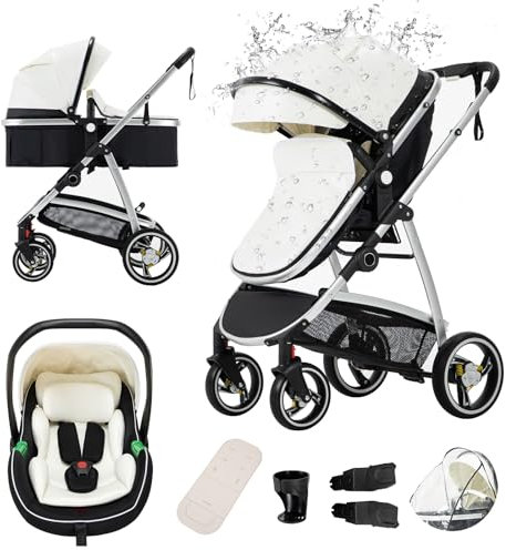 Gcarebb PU Pelle Passeggino 3 in 1, Passeggini Cittadine Con Seggiolino Auto, Passeggino Canna Pieghevole in Un Clic, Passeggini Combinato Paesaggio Alto Telaio in Alluminio Per Neonato 0-4 anni