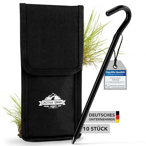 ACTIVE SPARK Hochwertige stabile Aluminium Zeltheringe als Camping Zubehör [10er Set Schwarz] Langlebig, robuste und leichte Bodenanker + Tragetasche, Erdanker, Heringe, Erdnägel, Erdhaken
