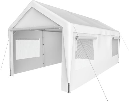 BIRCHTREE Heavy Duty Carport 10x20ft Car Canopy Outdoor Storage Shed Garage Party Tent Gazebo with Roll-up Ventilated Windows & Removable Sidewalls UV Resistant Waterproof Car Truck Boat White
