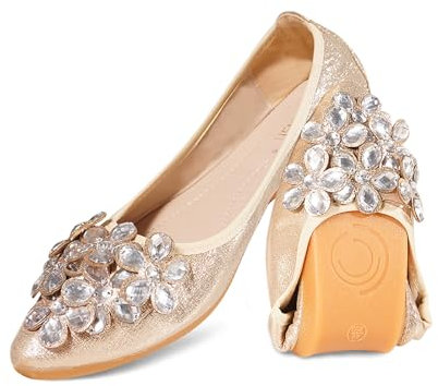 YOUNIFIZ Women's Elastic Foldable Portable Pumps Sparkly Rhinestones Ballet Ballerina Slip On Flats Dolly Shoes (Gold,Size 7)