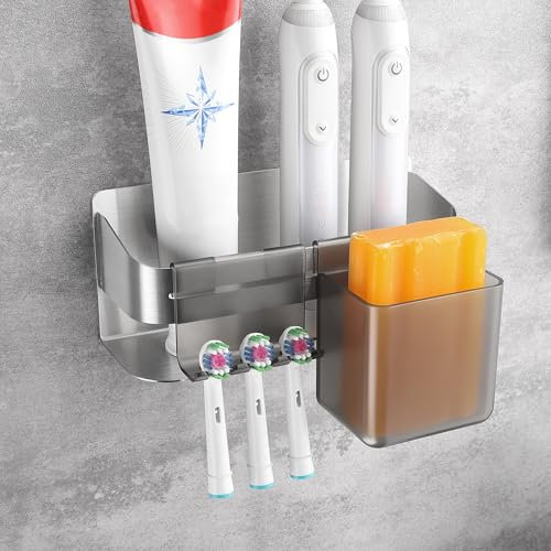 OETAMS Portaspazzolino elettrico Portaspazzolino con 2 accessori da bagno, in acciaio inox, supporto per spazzolino da denti a parete, autoadesivo, supporto per testine argentate, senza fori