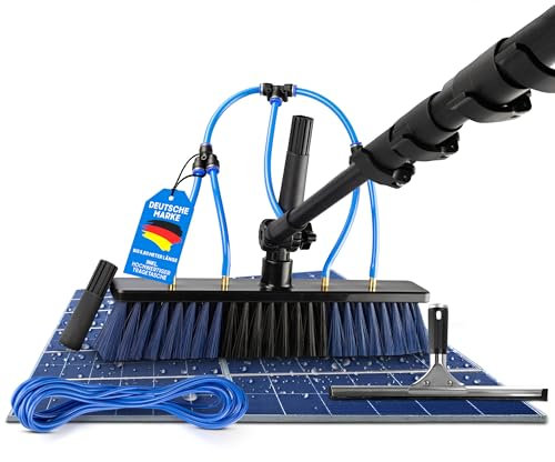 MIKAZA Brosse de lavage télescopique 5,8 m avec raccord d'eau et réservoir de détergent - Barre télescopique extensible en aluminium pour fenêtres, installations solaires, vérandas, camping-cars - Sac