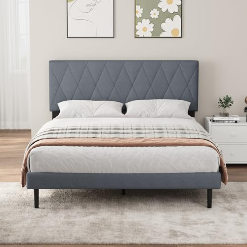 VOWNER Polsterbett Doppelbett 140 x 200 cm, Bettrahmen mit Kopfteil und Lattenrost, Unterstützung durch Massivholzlatten, Stabiler Bettrahmen Stoffbett, Dunkelgrau (140 × 200 cm)