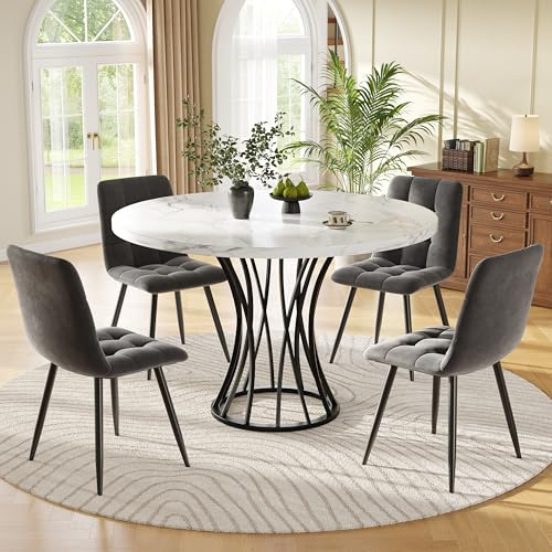Rtopsu Esstisch mit 4 Stühlen Set, Esstisch Rund mit 80 cm Durchmesser, Esszimmertisch mit Schwarze Tischbeine, Tischplatte aus Weiß Marmor MDF, Esszimmerstühle für Esszimmer, Grau, Samt