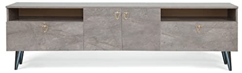 Modern Grey Marble Effect TV Stand with Storage Media Console and Solid Wooden Legs Living Room Shelving Unit for TVs up to 75 Cet Doors Display Furniture.