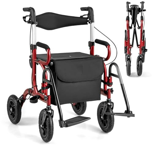 HOMASIS 2 in 1 Rollstuhl Rollator faltbar & leicht mit Sitz, Gehhilfe 6-fach höhenverstellbar, bis 140 kg, Alu Gehwagen mit Luftbereifung, Reiserollator Laufhilfe mit Stockhalter & Tasche (Rot)