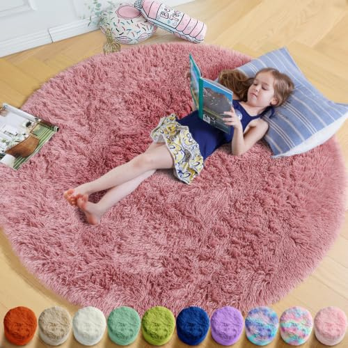 Grand tapis rond à poils longs pour chambre de bébé et d’enfant, dortoir ou salle de jeux, joli tapis rose poudré de 1,8 m