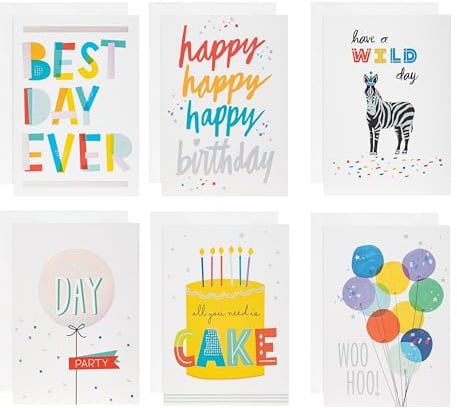 Hallmark Birthday Cards Multipack, 24- Pack, 6 Contemporary Designs | Cake, Balloons, Size 13.2cm x 9.5cm, White Envelopes, Blank Inside for Your Own Personal Message